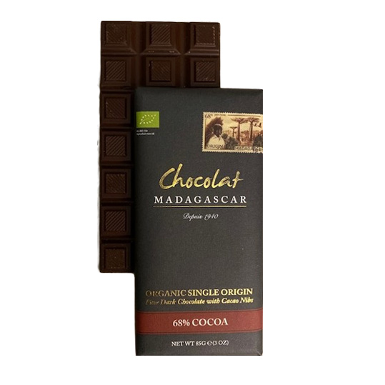 68% Økologisk sertifisert sjokolade med bønnenibs